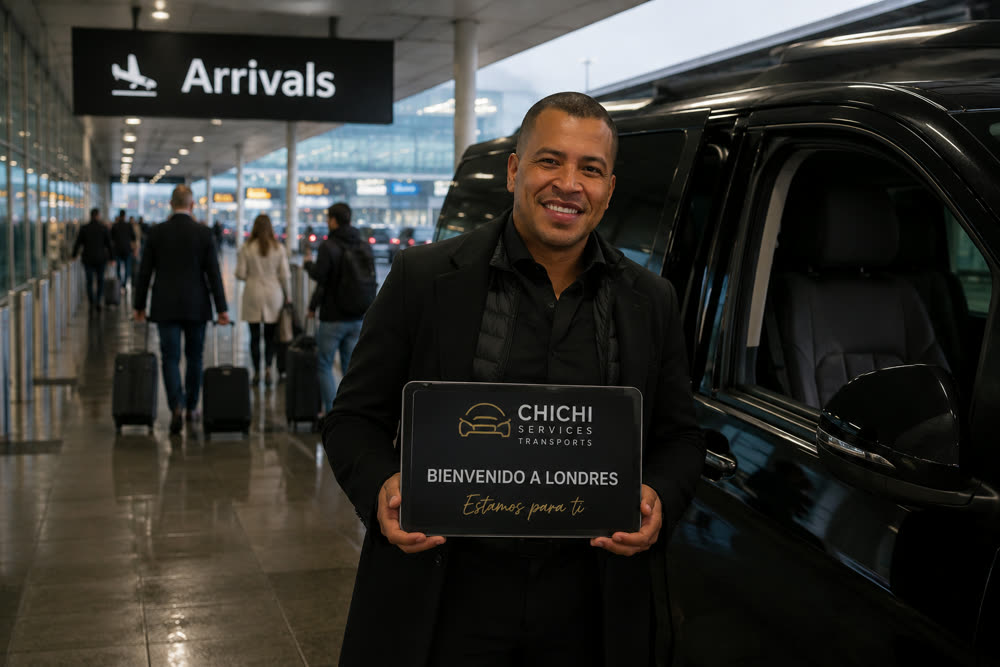 Conductor de Chichi Services recibiendo a un cliente en llegadas del aeropuerto