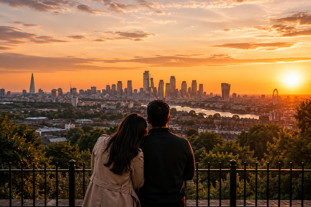 Pareja viendo el atardecer sobre el skyline de Londres desde un mirador