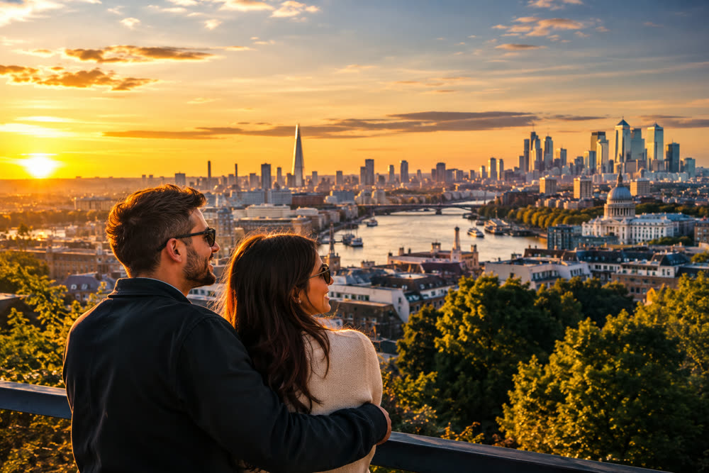 Pareja contemplando el atardecer sobre el skyline de Londres